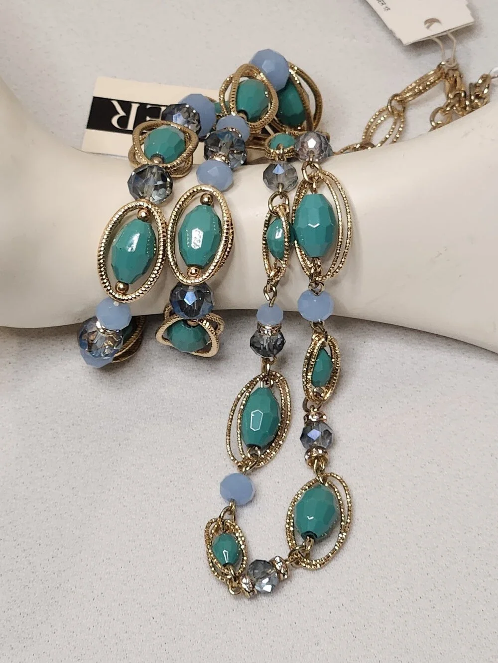 Napier Necklace & Bracelet Set Gold Tone Oval Chain Links Sea Green Blue Beads - Picture 5 of 16